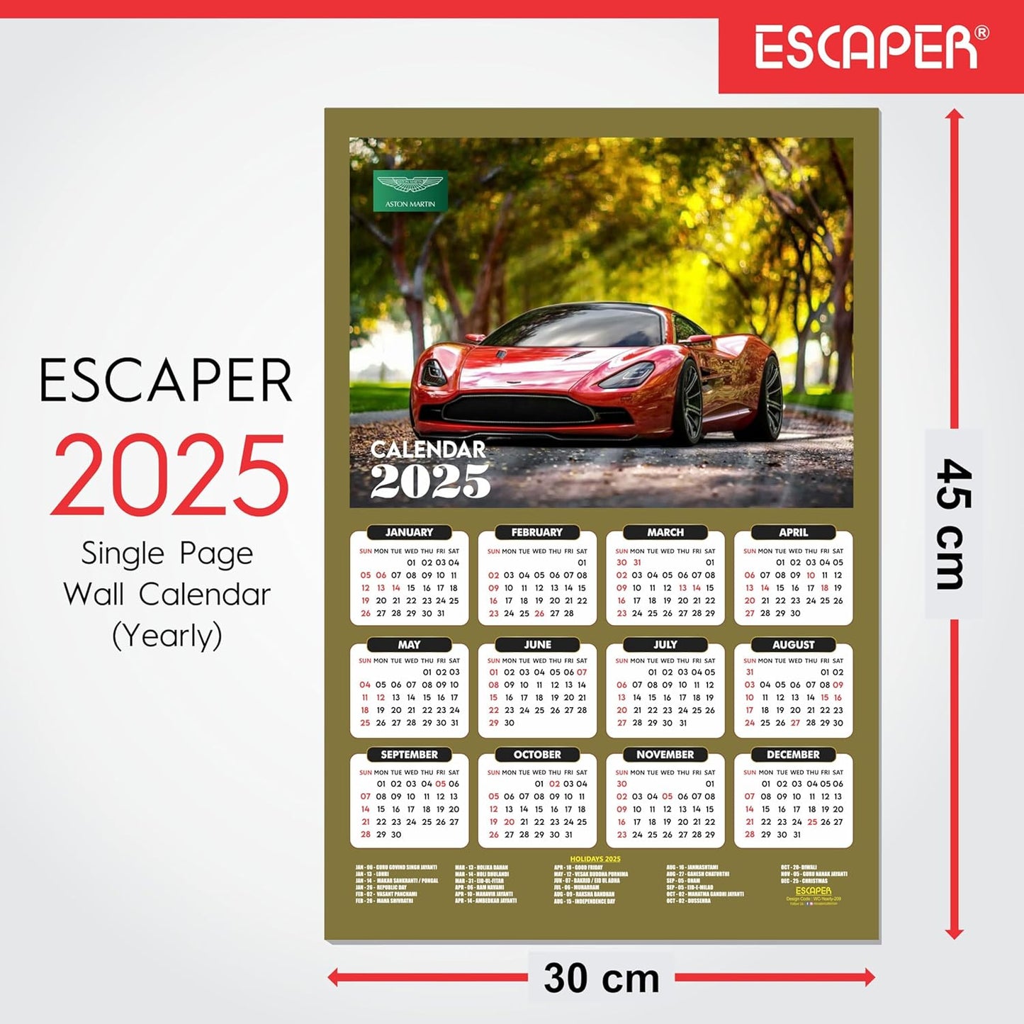 Car Wall Calendar 2025